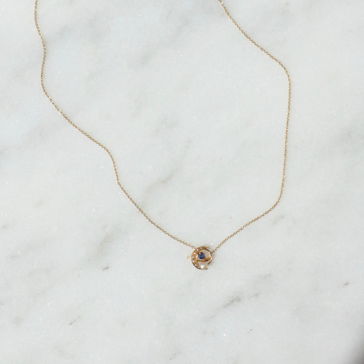 9ct Gold Crescent Moon Sapphire & Pearl Necklace