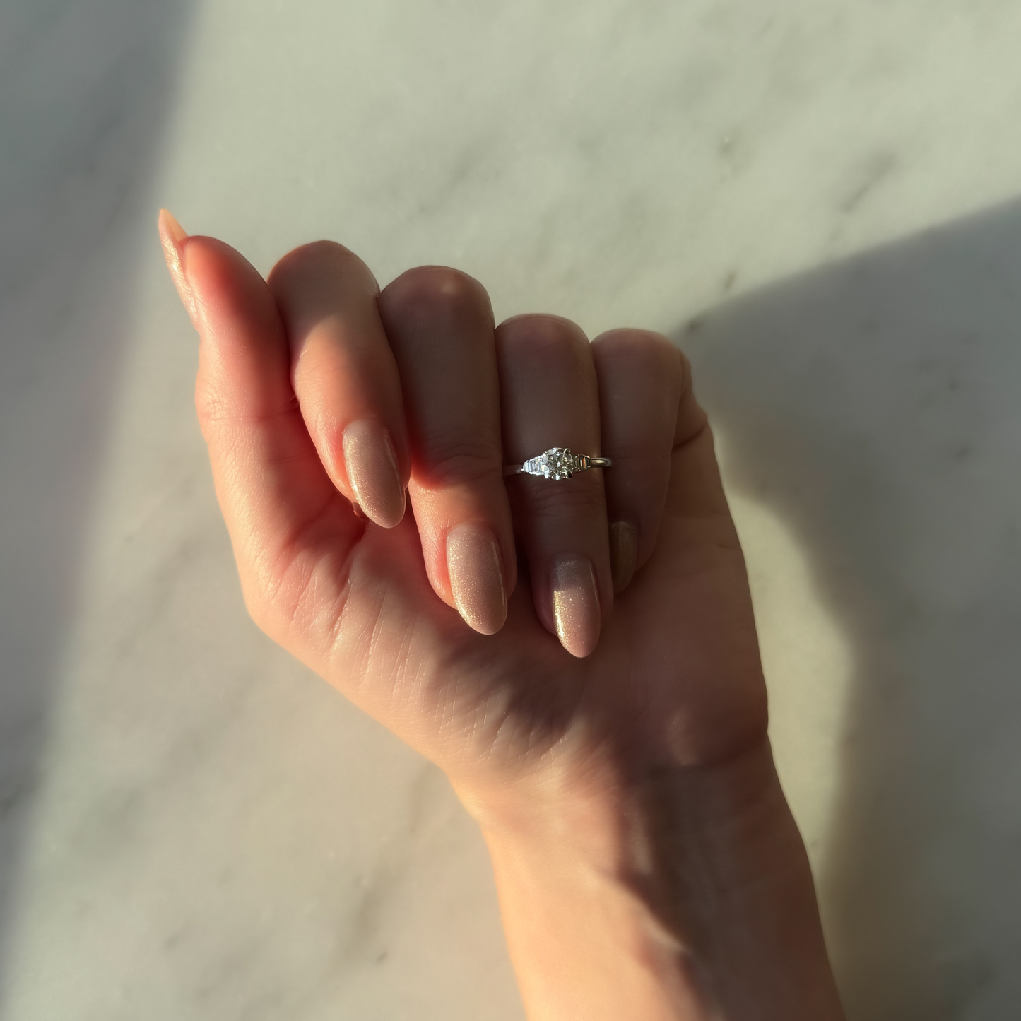 Vintage Art Deco Style 18ct White Gold 0.50ct brilliant cut diamond ring with baguette side diamonds