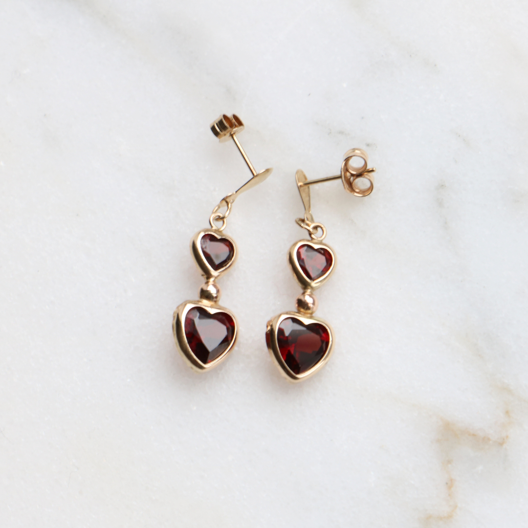 9ct Gold Vintage Heart Drop Garnet Earrings