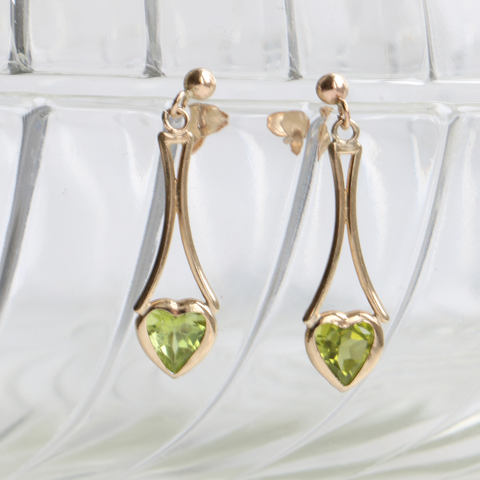 9ct Gold Vintage Heart Drop Peridot Earrings