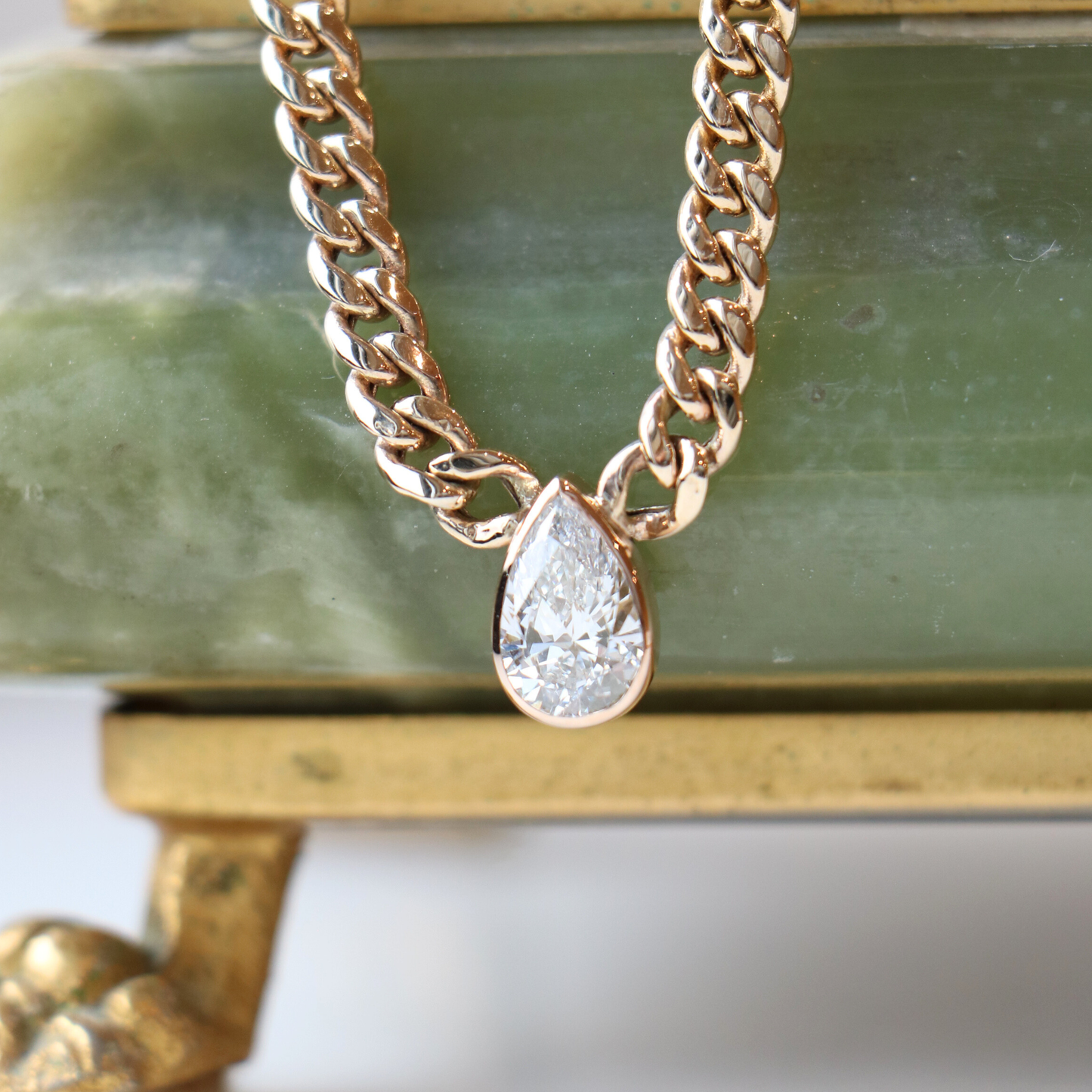9ct Gold Pear Cut 1.5ct Lab Diamond Cuban Necklace