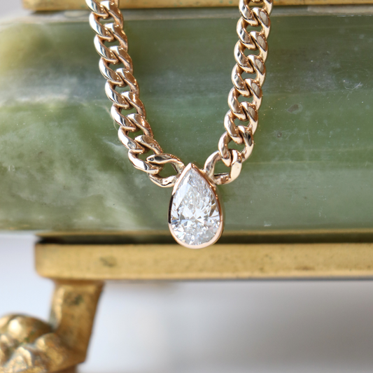 9ct Gold Pear Cut 1.5ct Lab Diamond Cuban Necklace