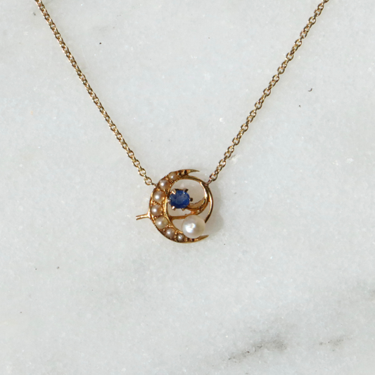 9ct Gold Crescent Moon Sapphire & Pearl Necklace