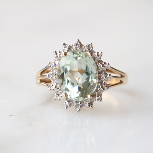9ct Gold Green Amethyst and Diamond Ring