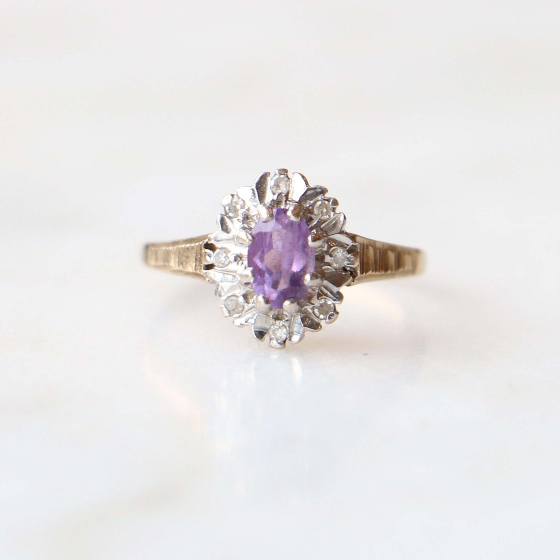 9ct Gold Vintage Amethyst and Diamond Halo Ring