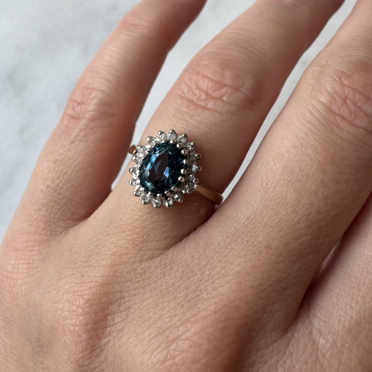 9ct Gold Vintage London Blue Topaz and Diamond Ring