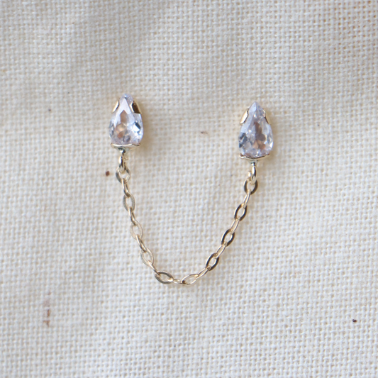 9ct Yellow Gold Pear Stud Earring Chain