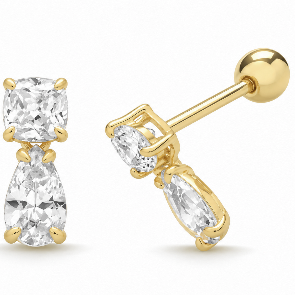9ct Yellow Gold Pear Cut Drop CZ Barbell Earring Stud