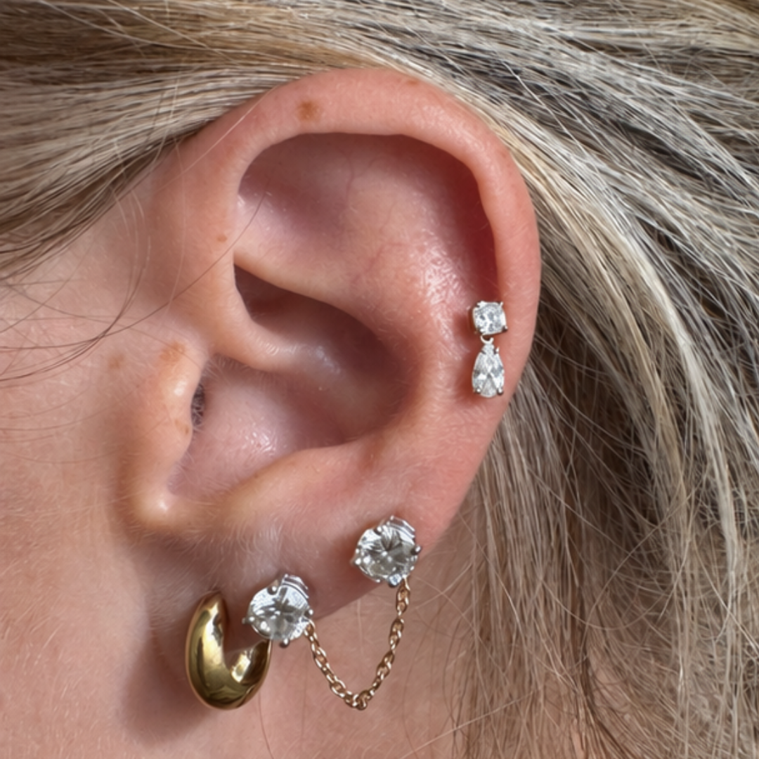 9ct Yellow Gold Pear Cut Drop CZ Barbell Earring Stud