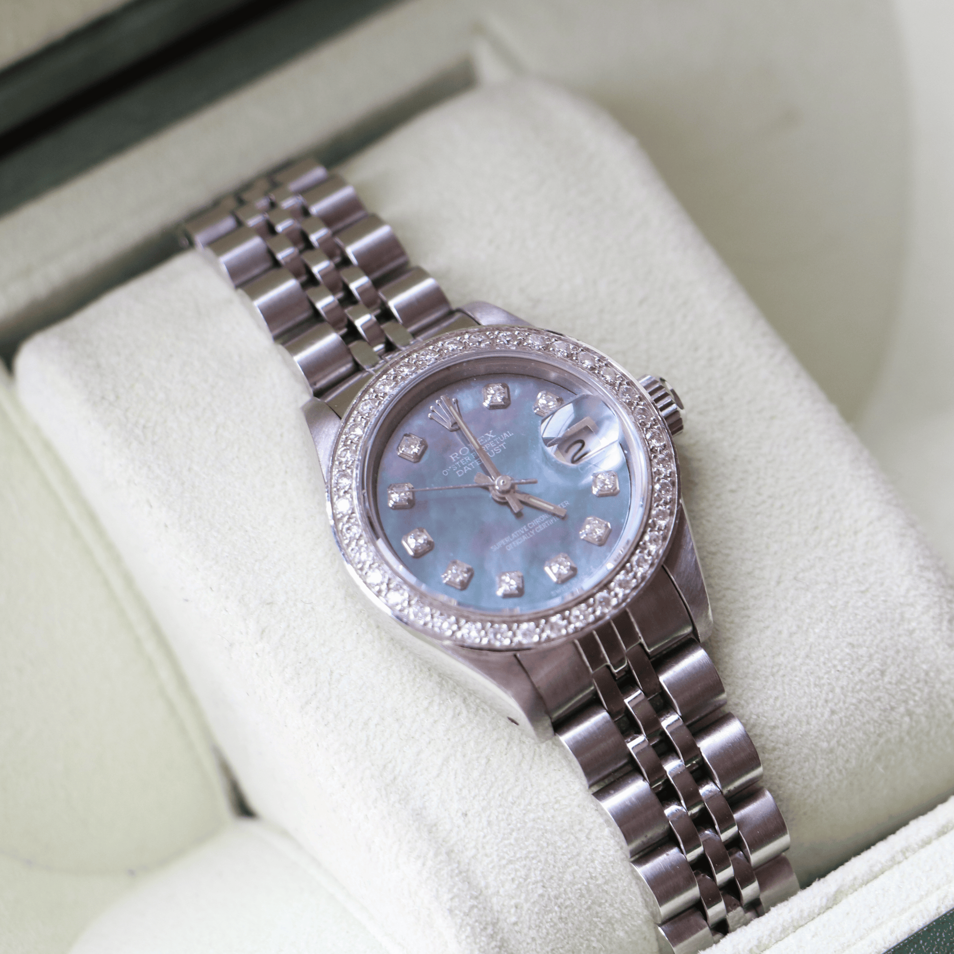 Rolex Oyster Perpetual Date Just Stainless Steel Mother of pearl with Diamonds