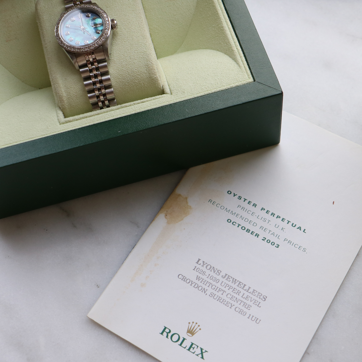 Rolex oyster perpetual stainless steel mother of pearl Diamonds