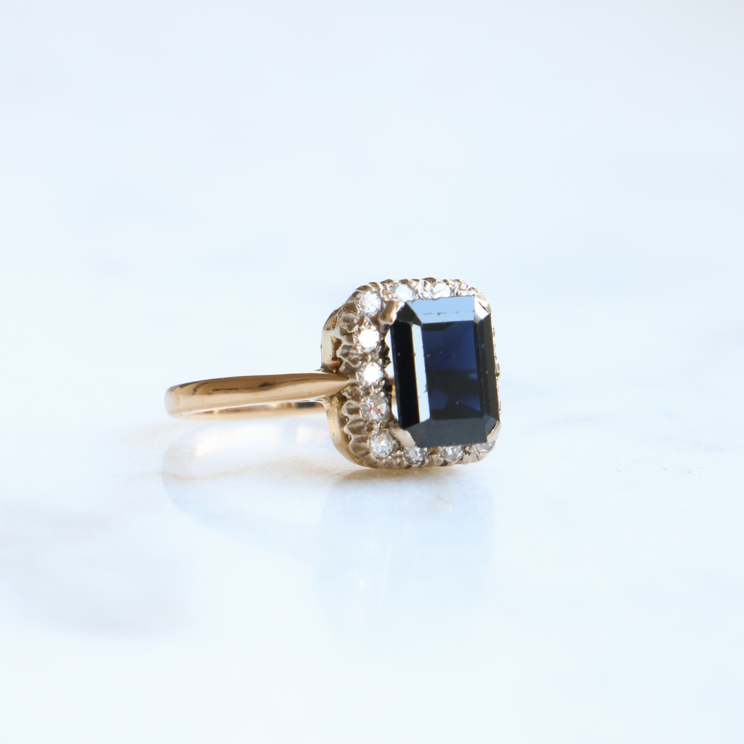 18ct Gold Emerald Cut Sapphire and Diamond Ring