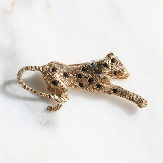 9ct Gold Vintage Diamond and Sapphire Leopard Brooch