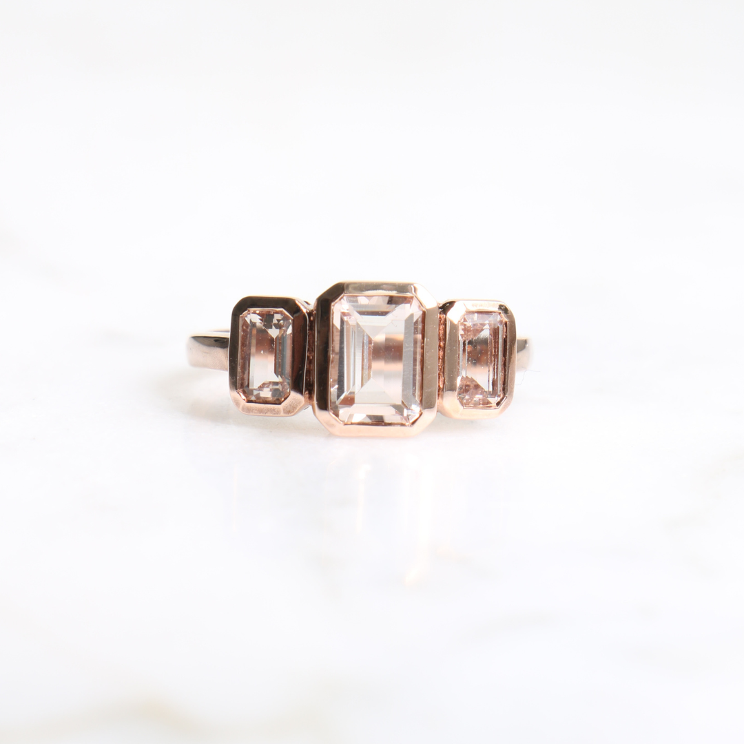 9ct Rose Gold Morganite Rub Over Trilogy Ring