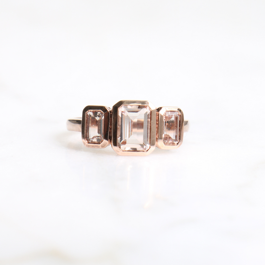 9ct Rose Gold Morganite Rub Over Trilogy Ring