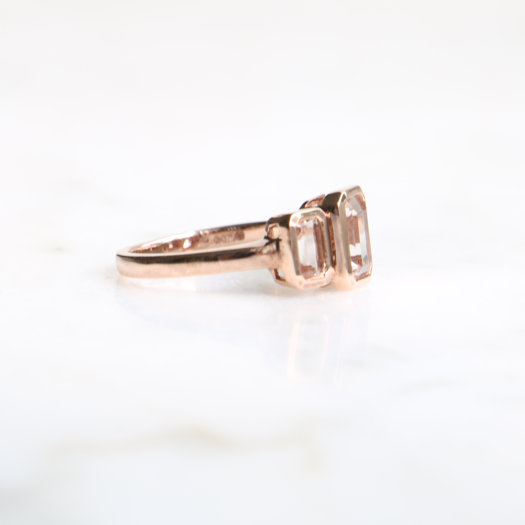 9ct Rose Gold Morganite Rub Over Trilogy Ring