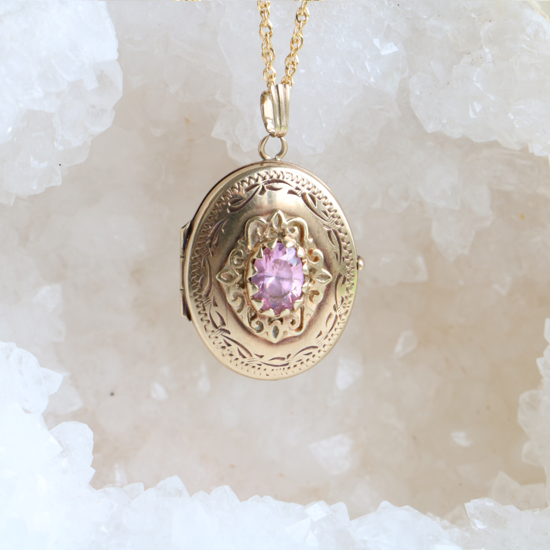 9ct Gold Pink Stone Oval Locket Pendant