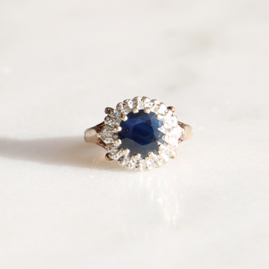 9ct Gold Vintage Sapphire and Diamond Halo Ring