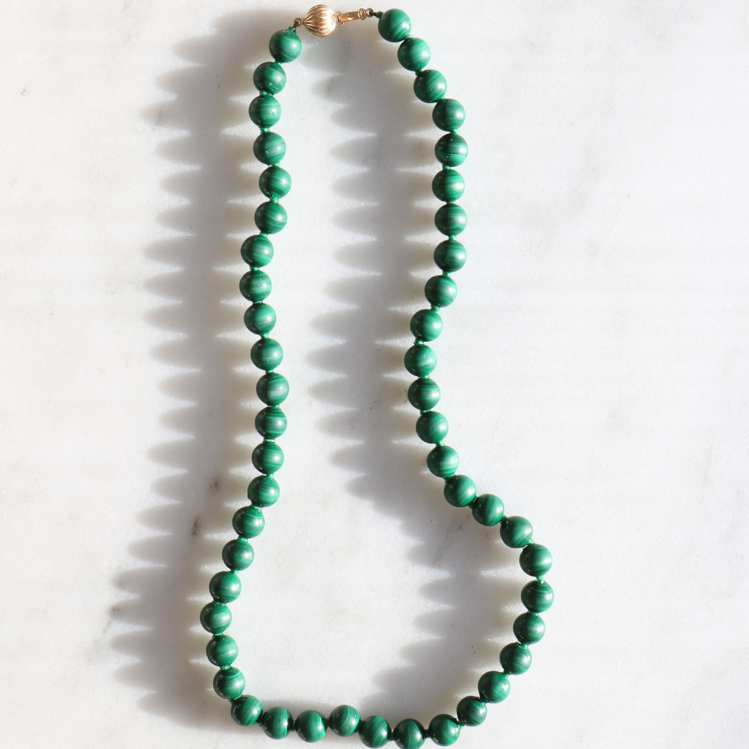 Malachite Bead Necklace 14ct Gold Clasp