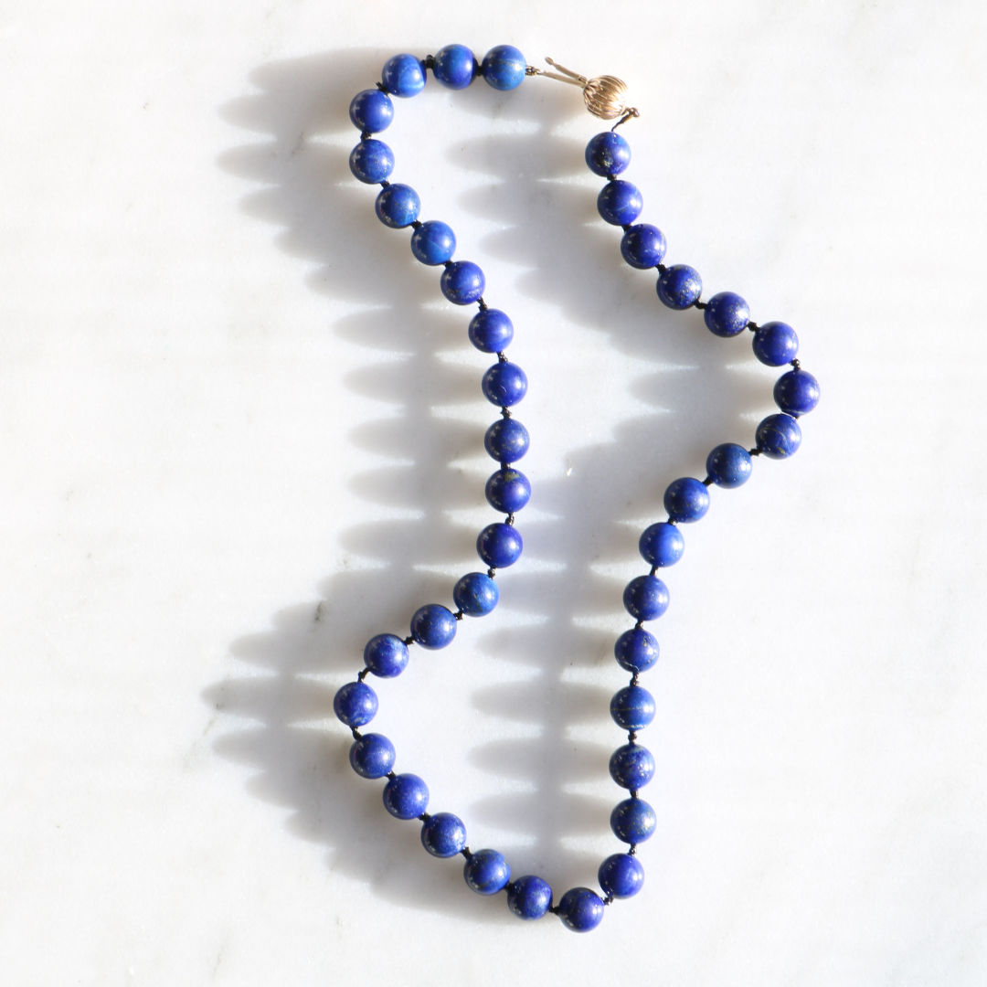 Lapis Lazuli Bead Necklace 14ct Gold Clasp
