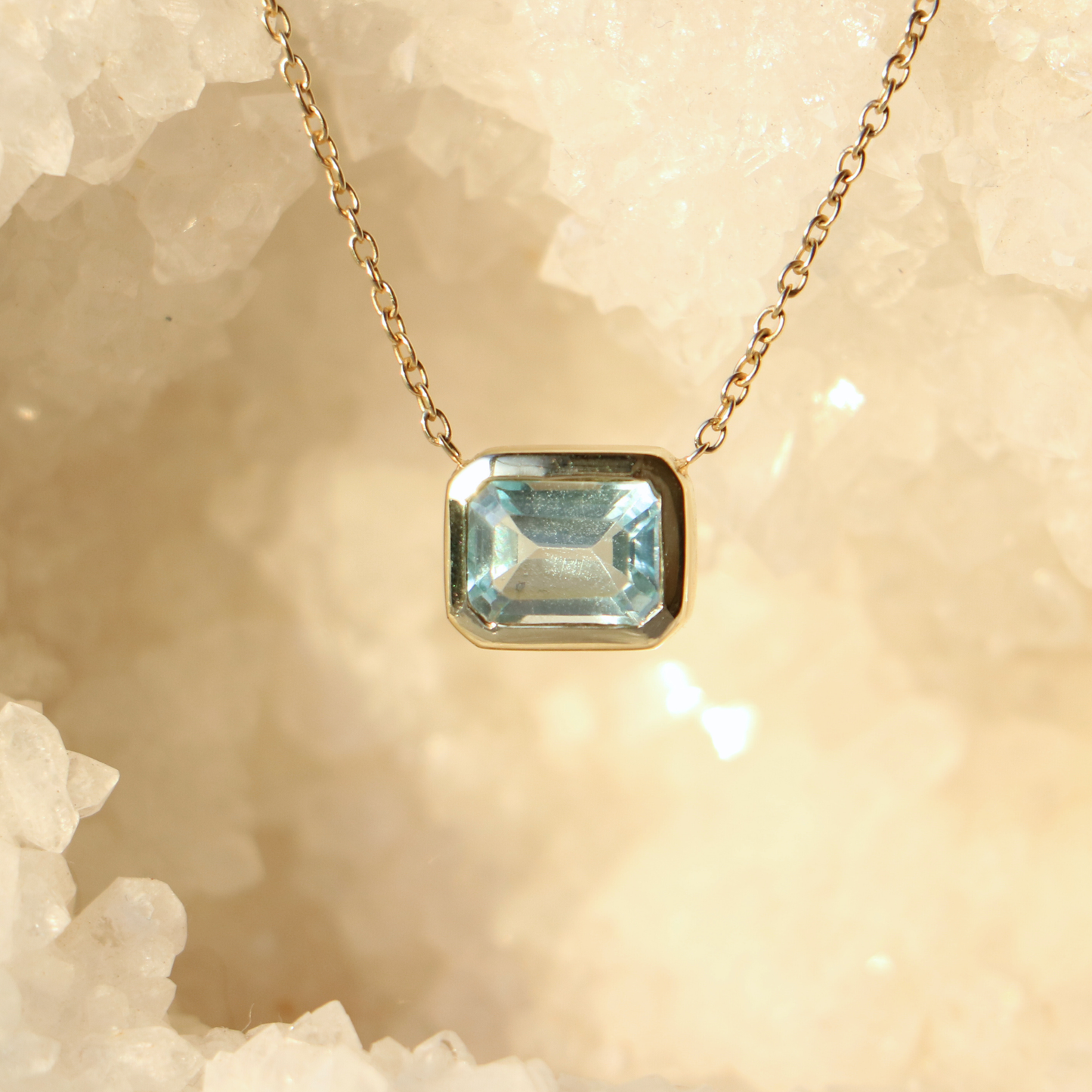 9ct Gold Emerald Cut Topaz Bezel Necklace