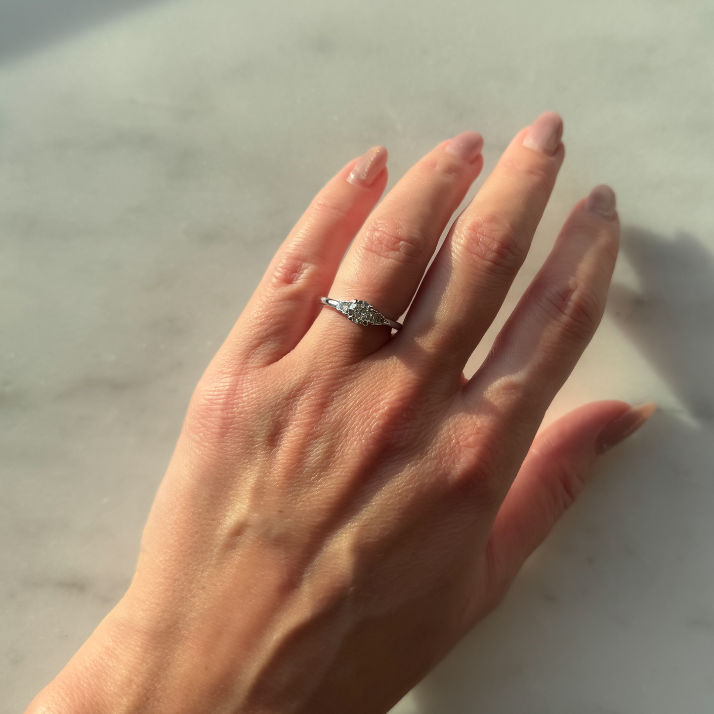 Vintage Art Deco Style 18ct White Gold 0.50ct brilliant cut diamond ring with baguette side diamonds