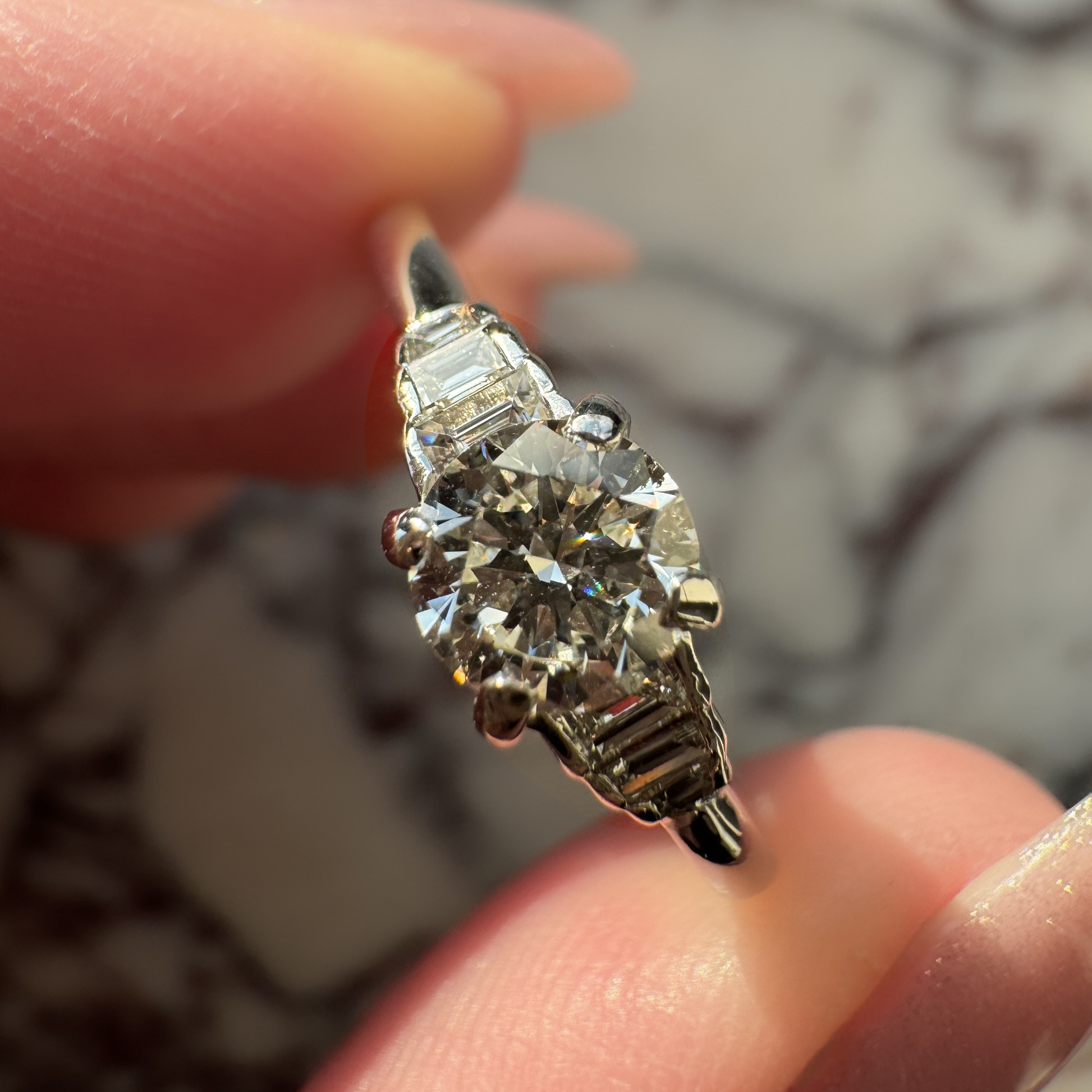 Vintage Art Deco Style 18ct White Gold 0.50ct brilliant cut diamond ring with baguette side diamonds