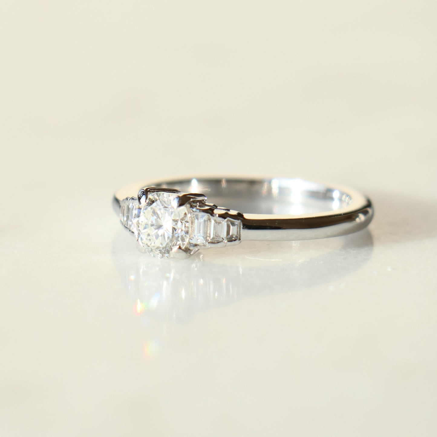 Vintage Art Deco Style 18ct White Gold 0.50ct brilliant cut diamond ring with baguette side diamonds