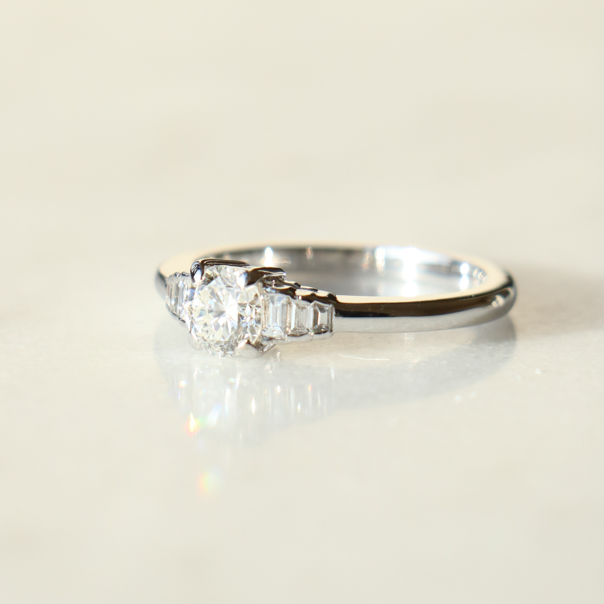 Vintage Art Deco Style 18ct White Gold 0.50ct brilliant cut diamond ring with baguette side diamonds