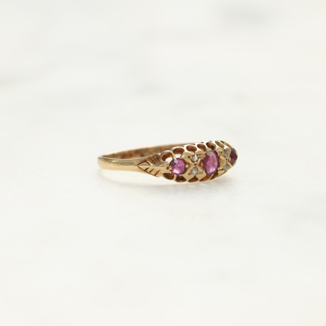 Antique 18ct Gold Ruby and Diamond Boat Ring